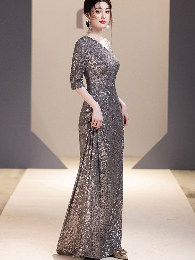 Gray Sequins Maxi Fit & Flare Party Dress - IMALLURE L Gray Sequins Maxi Fit & Flare Party Dress - IMALLURE L