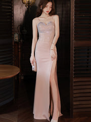 Pink Beaded Split Front Mermaid Evening Slip Dress