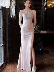 Pink Beaded Split Front Mermaid Evening Slip Dress