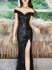 Black Sequins Off Shoulder Split Mermaid Evening Dress