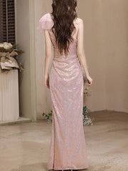 Pink Blue Sequins One Shoulder Split Mermaid Evening Dress