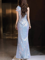 Pink Blue Sequins One Shoulder Split Mermaid Evening Dress