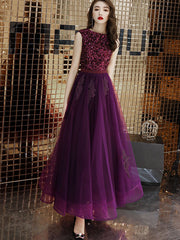 Purple Sequined A-Line Tulle Evening Party Dress