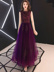 Purple Sequined A-Line Tulle Evening Party Dress