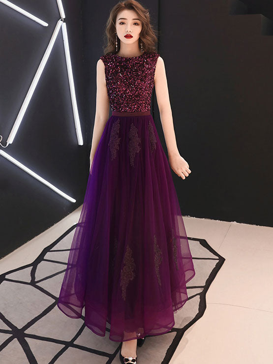 Purple Sequined A-Line Tulle Evening Party Dress