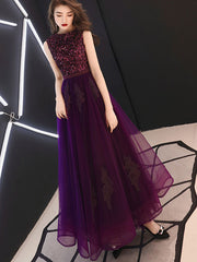 Purple Sequined A-Line Tulle Evening Party Dress