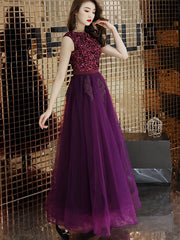 Purple Sequined A-Line Tulle Evening Party Dress