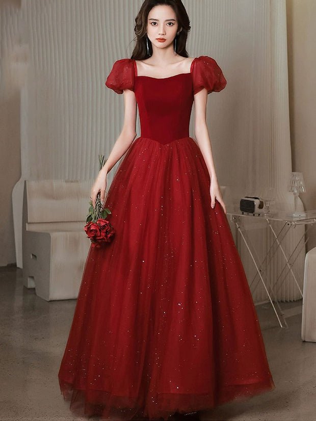 Red Shimmer Bow Back A-Line Tulle Wedding Party Dress