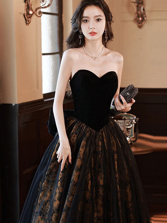 Strapless Sweetheart Bow A-Line Floral Evening Party Gown