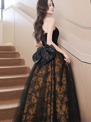 Strapless Sweetheart Bow A-Line Floral Evening Party Gown