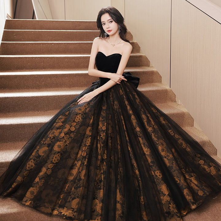 Strapless Sweetheart Bow A-Line Floral Evening Party Gown