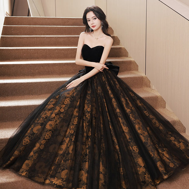 Strapless Sweetheart Bow A-Line Floral Evening Party Gown