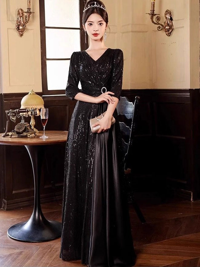 Black Champagne Sequins A-Line Prom Wedding Guest Dress