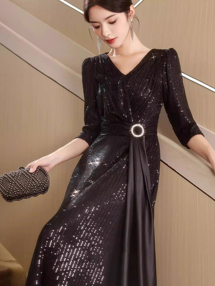 Black Champagne Sequins A-Line Prom Wedding Guest Dress