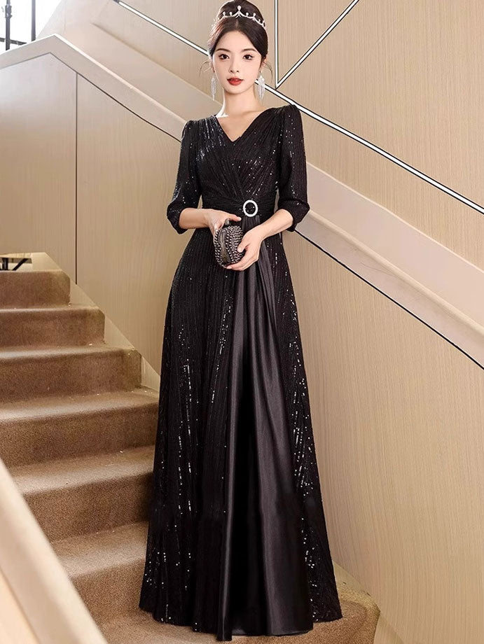 Black Champagne Sequins A-Line Prom Wedding Guest Dress