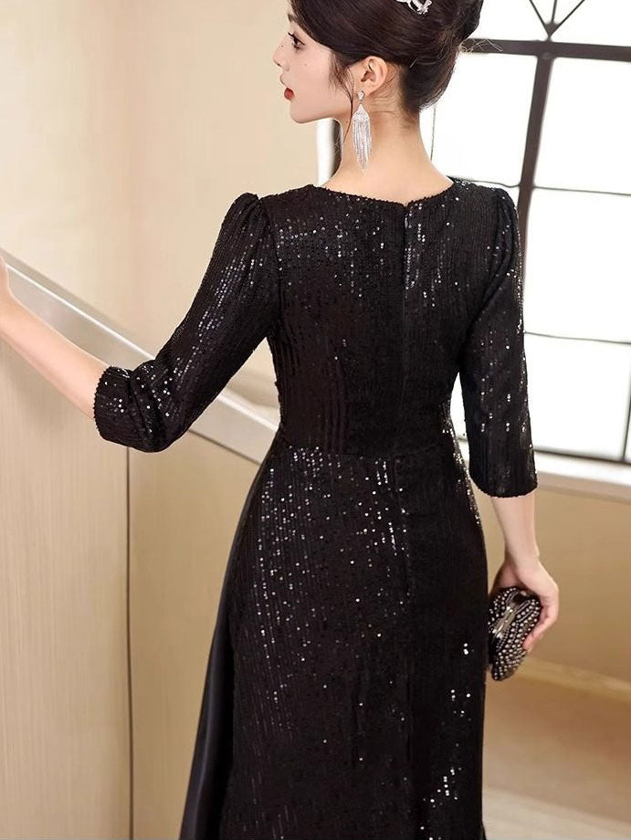 Black Champagne Sequins A-Line Prom Wedding Guest Dress