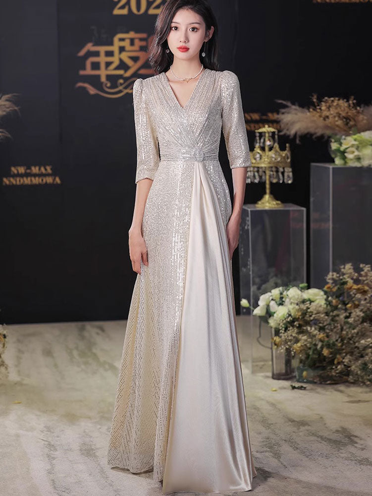 Black Champagne Sequins A-Line Prom Wedding Guest Dress