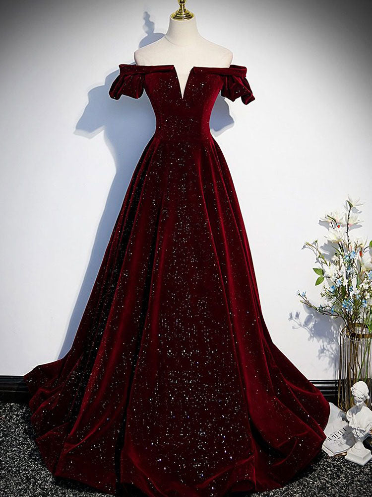 Shimmer Burgundy Velvet Off Shoulder Evening Prom Gown