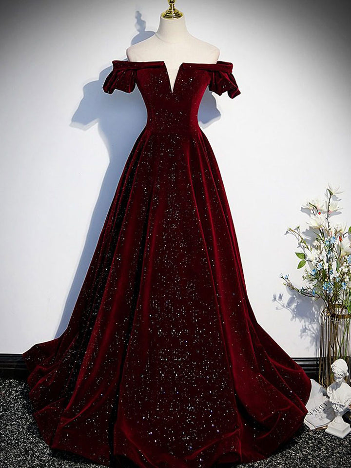 Shimmer Burgundy Velvet Off Shoulder Evening Prom Gown