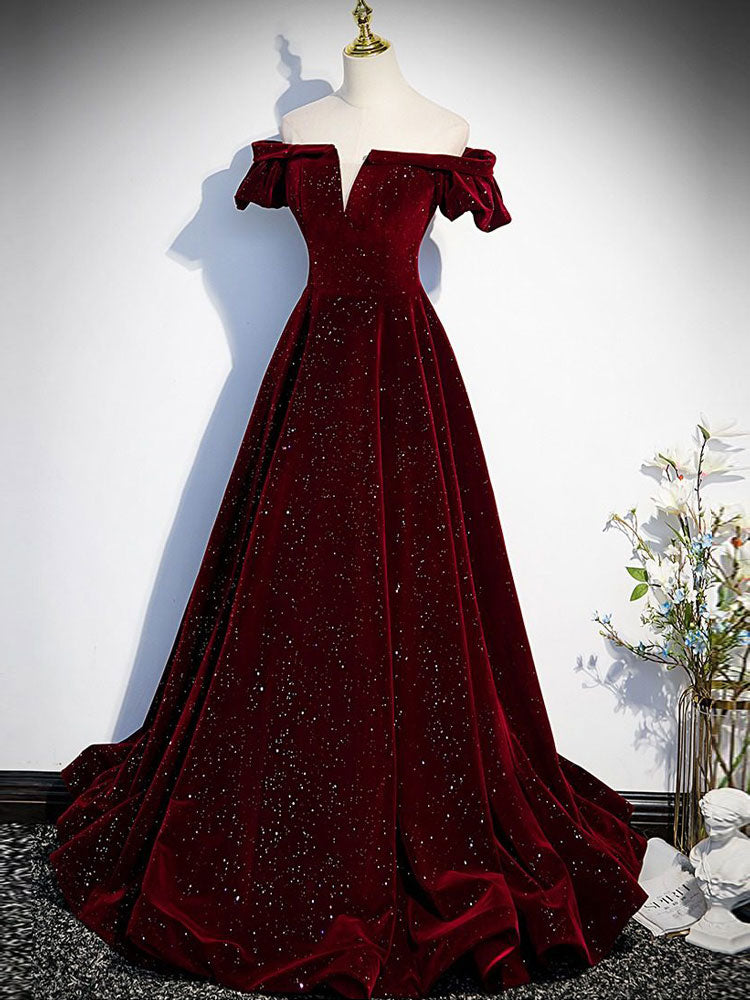 Shimmer Burgundy Velvet Off Shoulder Evening Prom Gown