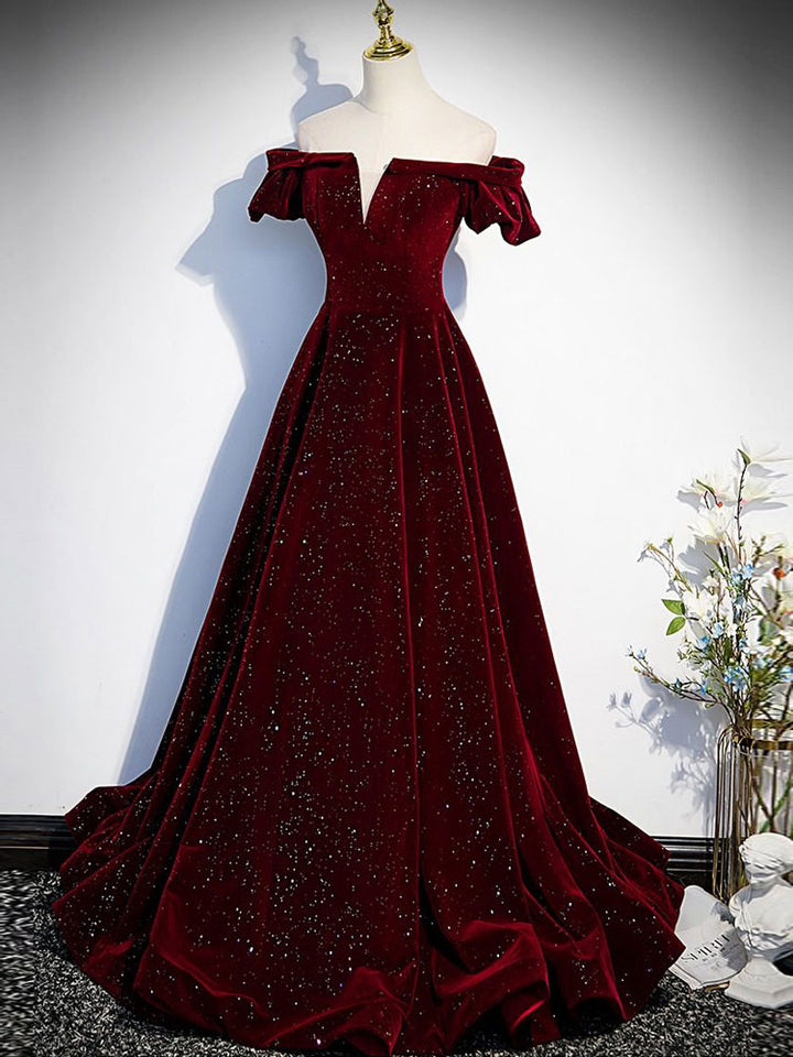 Shimmer Burgundy Velvet Off Shoulder Evening Prom Gown