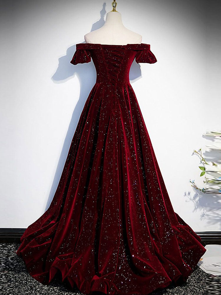 Shimmer Burgundy Velvet Off Shoulder Evening Prom Gown