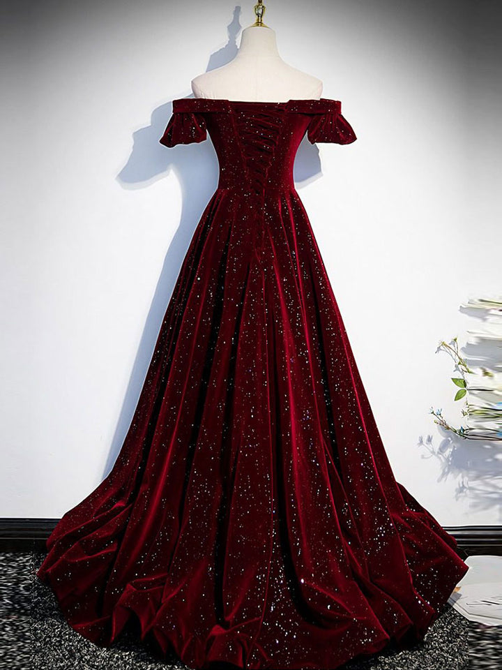 Shimmer Burgundy Velvet Off Shoulder Evening Prom Gown