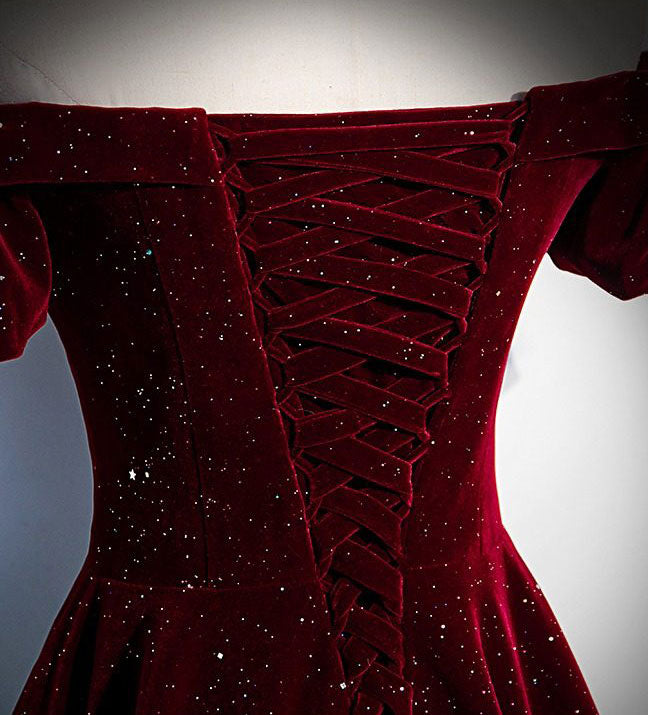 Shimmer Burgundy Velvet Off Shoulder Evening Prom Gown