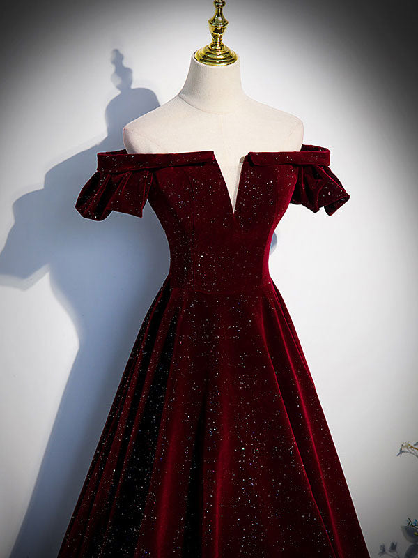 Shimmer Burgundy Velvet Off Shoulder Evening Prom Gown