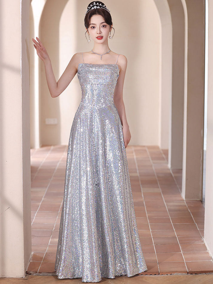 Spaghetti Straps Shimmer Sequins A-Line Prom Evening Dress