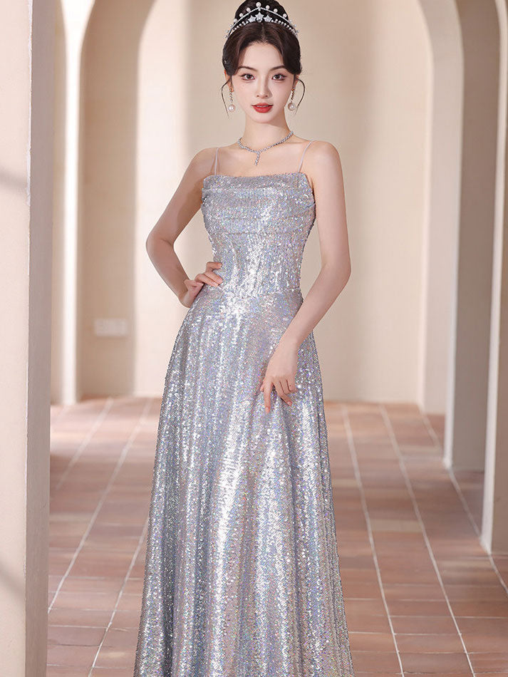 Spaghetti Straps Shimmer Sequins A-Line Prom Evening Dress