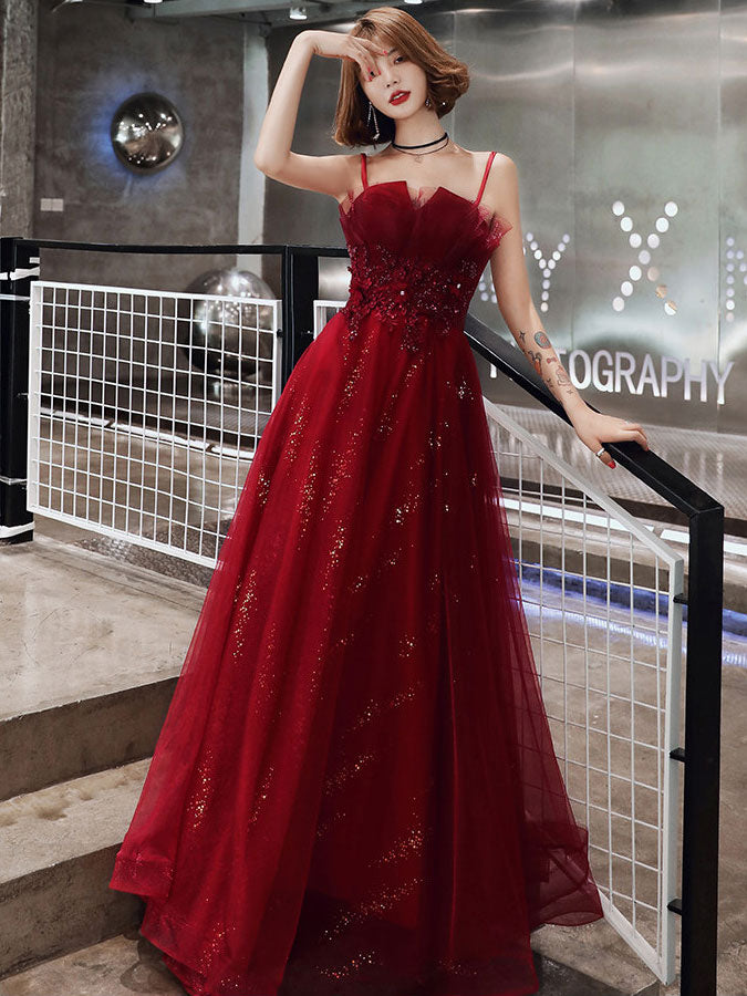 Black Red Shimmer Spaghetti Straps Tulle Prom Evening Dress