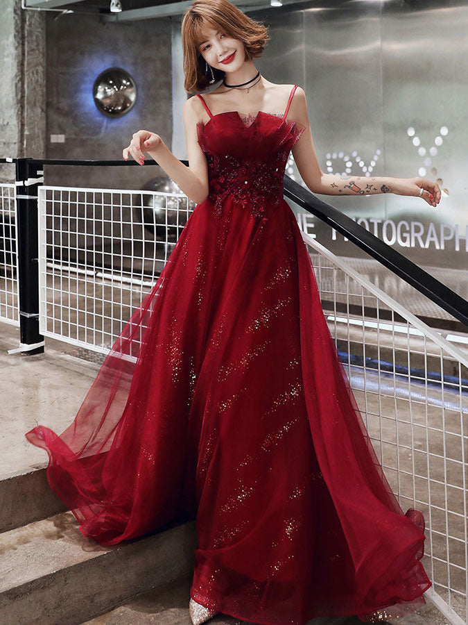 Black Red Shimmer Spaghetti Straps Tulle Prom Evening Dress