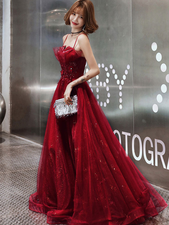 Black Red Shimmer Spaghetti Straps Tulle Prom Evening Dress