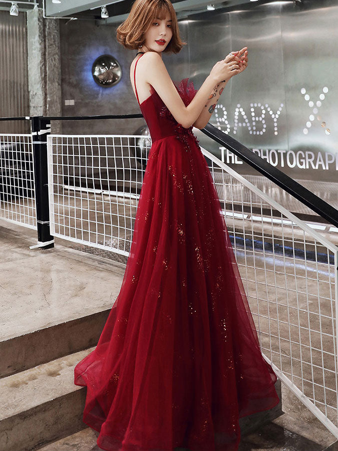 Black Red Shimmer Spaghetti Straps Tulle Prom Evening Dress