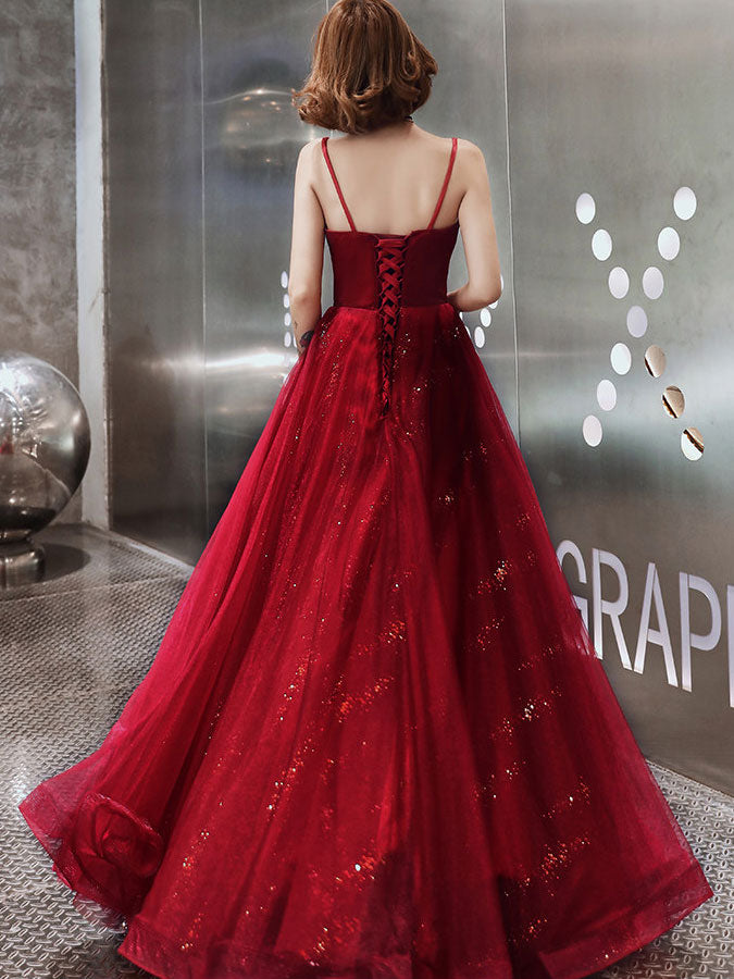 Black Red Shimmer Spaghetti Straps Tulle Prom Evening Dress