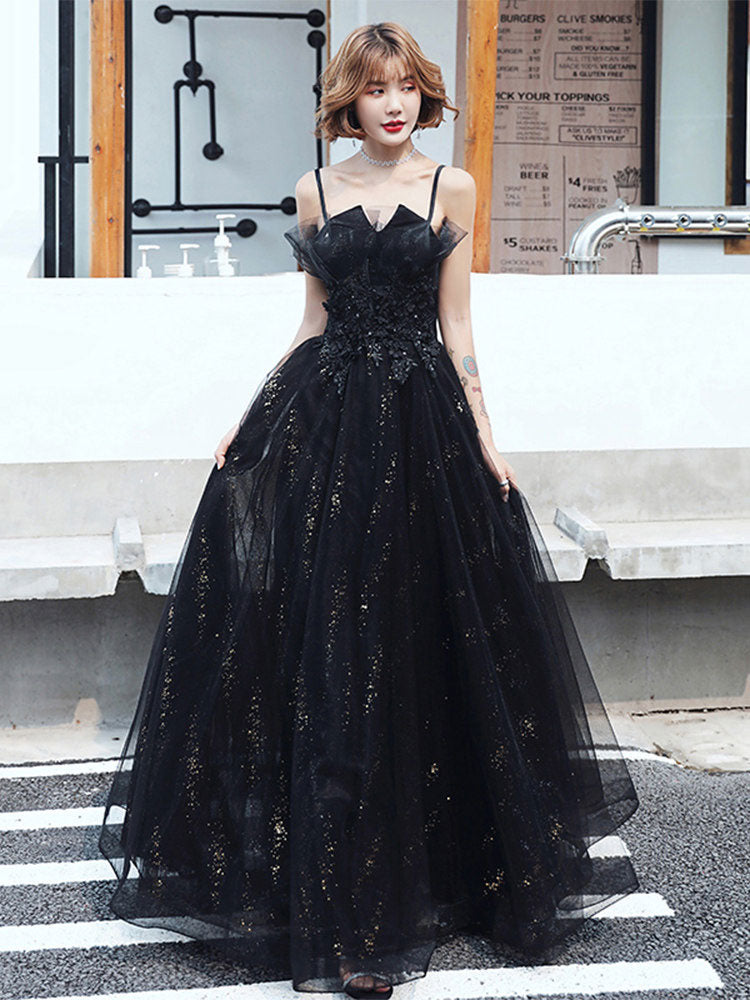 Black Red Shimmer Spaghetti Straps Tulle Prom Evening Dress