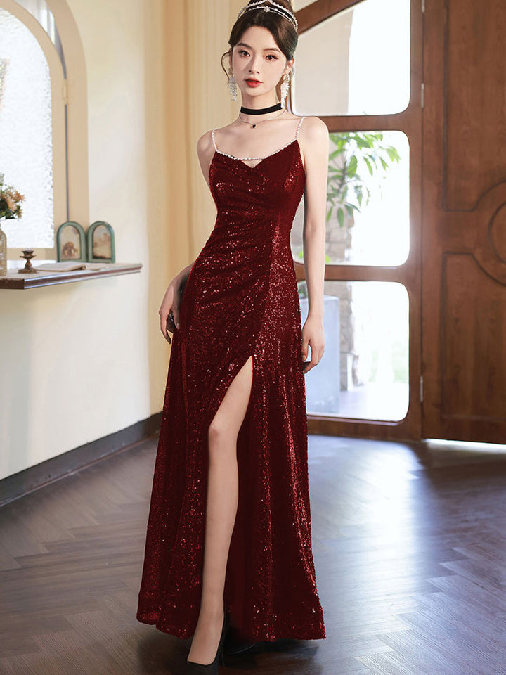 Sequins Spaghetti Strap Thigh Split Prom Dress With Detachable Skirt