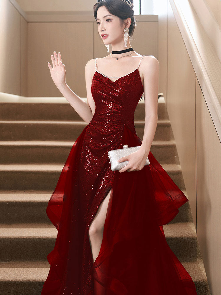 Sequins Spaghetti Strap Thigh Split Prom Dress With Detachable Skirt