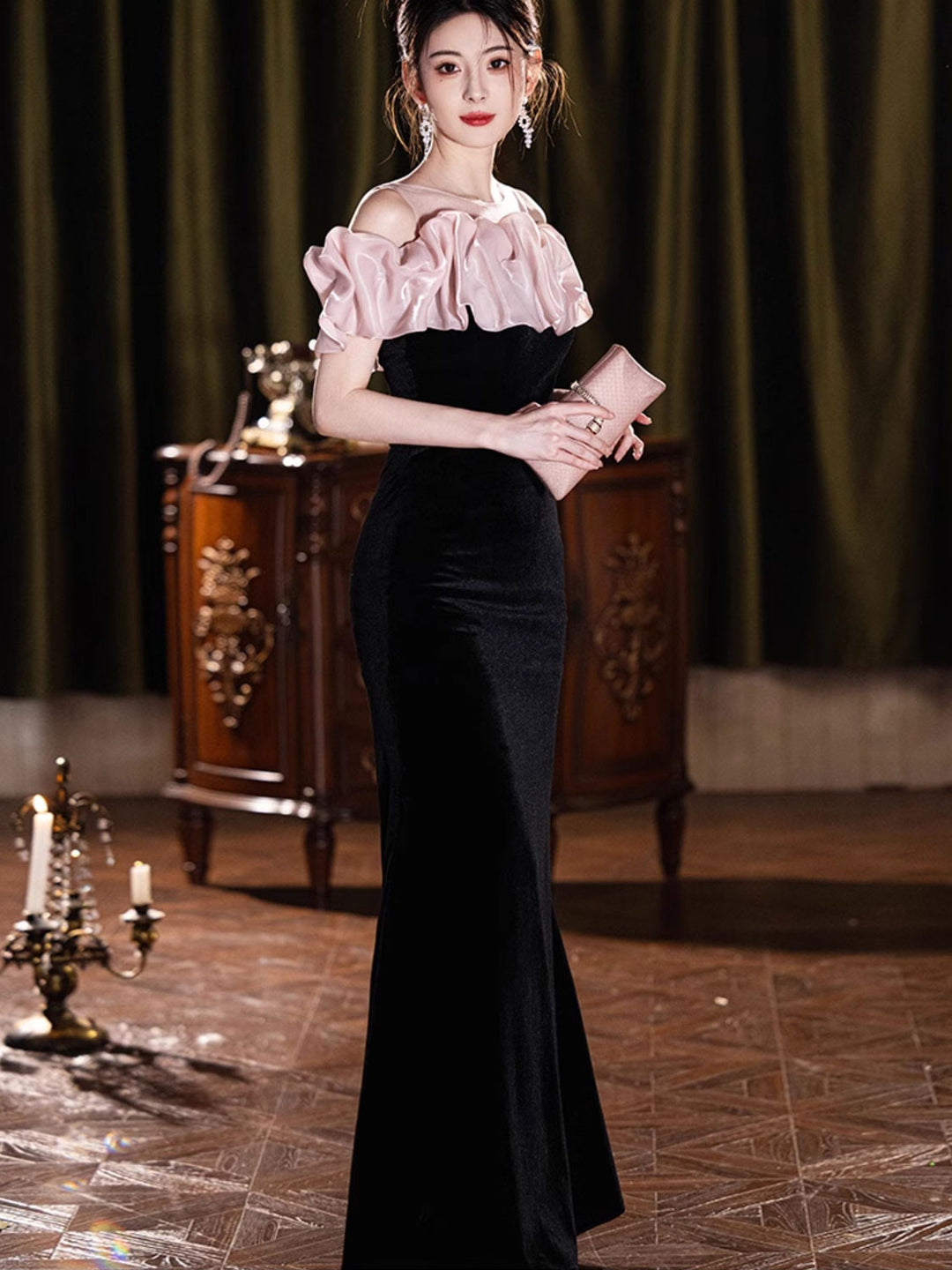 Sheer Shoulder Black Velvet Fishtail Evening Prom Dress