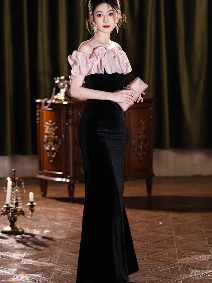 Sheer Shoulder Black Velvet Fishtail Evening Prom Dress