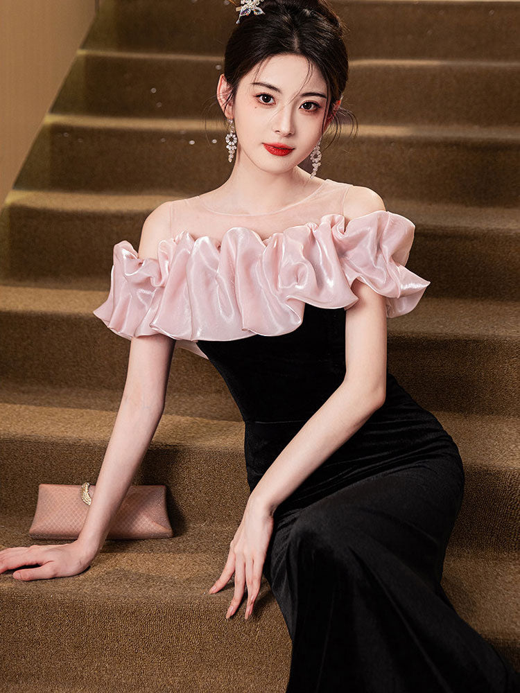 Sheer Shoulder Black Velvet Fishtail Evening Prom Dress