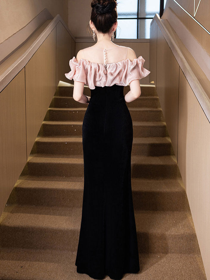 Sheer Shoulder Black Velvet Fishtail Evening Prom Dress
