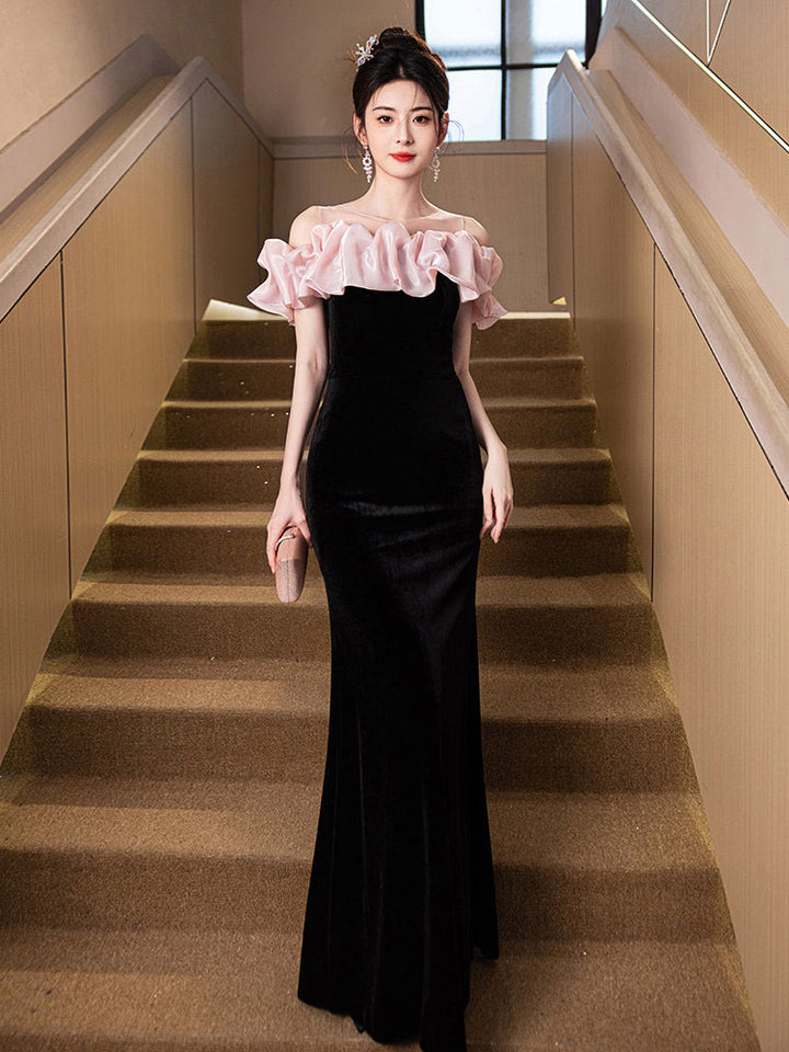 Sheer Shoulder Black Velvet Fishtail Evening Prom Dress