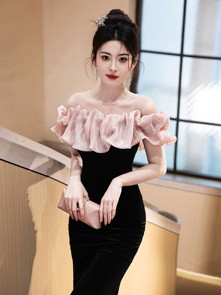 Sheer Shoulder Black Velvet Fishtail Evening Prom Dress