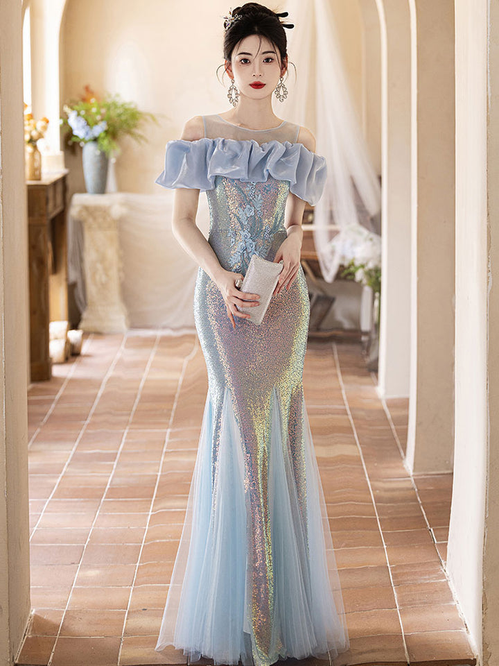 Blue Pink Sequins Sheer Shoulder Fishtail Evening Prom Dress