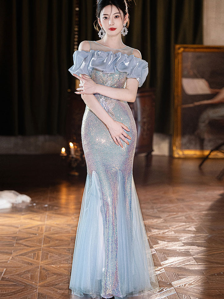 Blue Pink Sequins Sheer Shoulder Fishtail Evening Prom Dress
