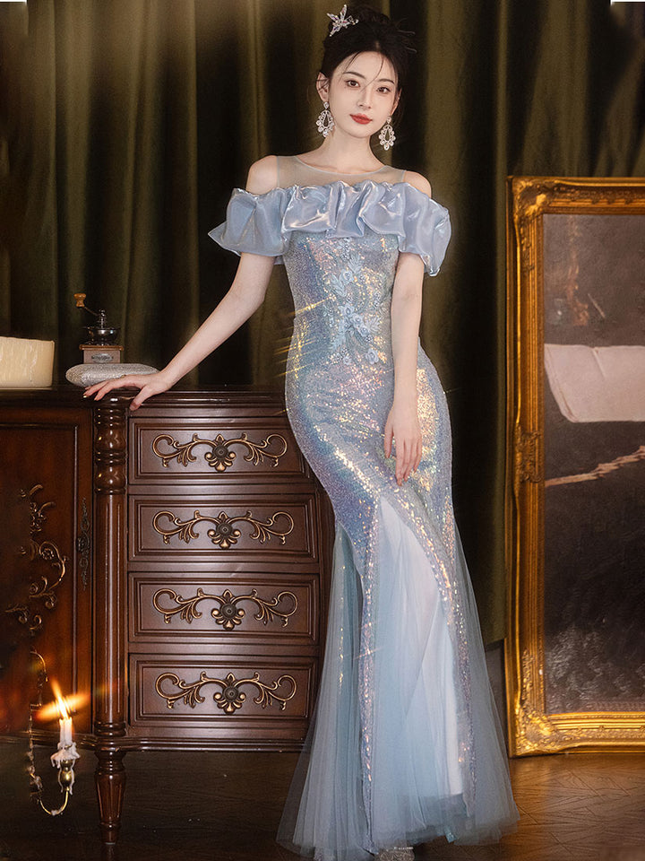 Blue Pink Sequins Sheer Shoulder Fishtail Evening Prom Dress