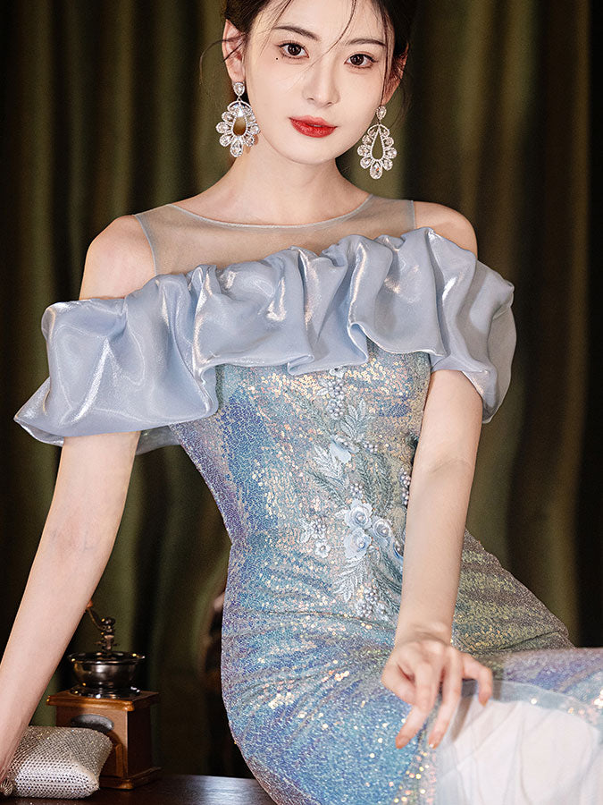 Blue Pink Sequins Sheer Shoulder Fishtail Evening Prom Dress