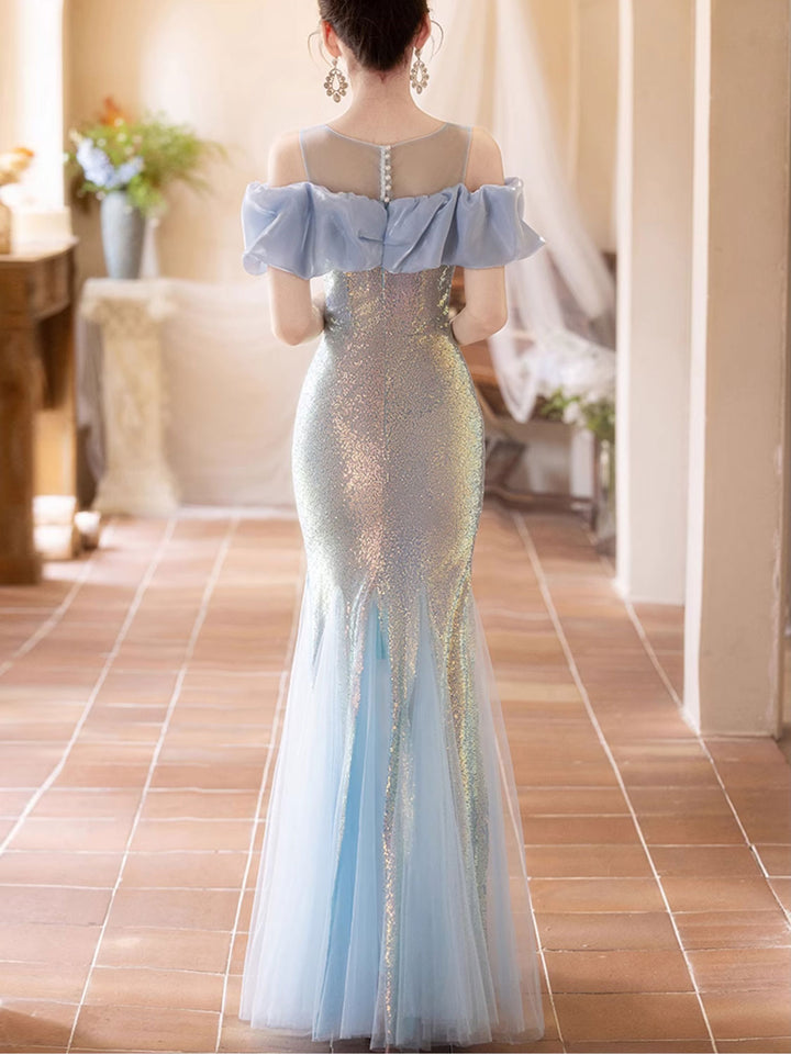 Blue Pink Sequins Sheer Shoulder Fishtail Evening Prom Dress